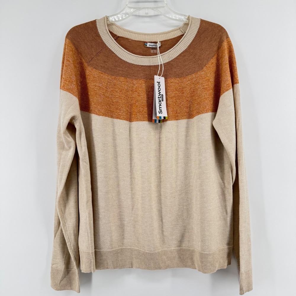 New Smartwool Edgewood Colorblock Crew Sweater Women Large Beige SW016649 Merino
